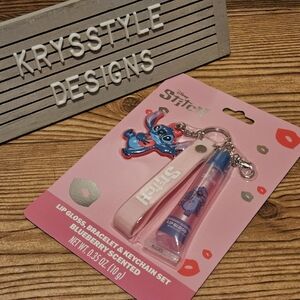 Disney Stitch Lip Gloss Gift Set Pink w/ Keychain & Wristlet NWT